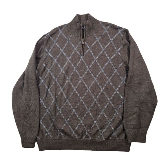Brook Brothers Argyle Sweater Mens XL Brown Extra Fine Merino‎ Wool 1/4 Zip - Picture 1 of 10